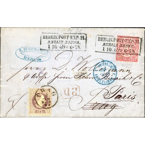 663 - GERMAN STATES/AUSTRIA COMBINATION FRANKING; 1 Oct. 1869 EL to Prague franked N. German Confederation... 