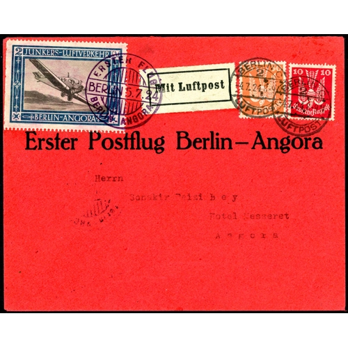 681 - 1924 FIRST FLIGHT TO ANGORA: An attractive red env. inscribed 