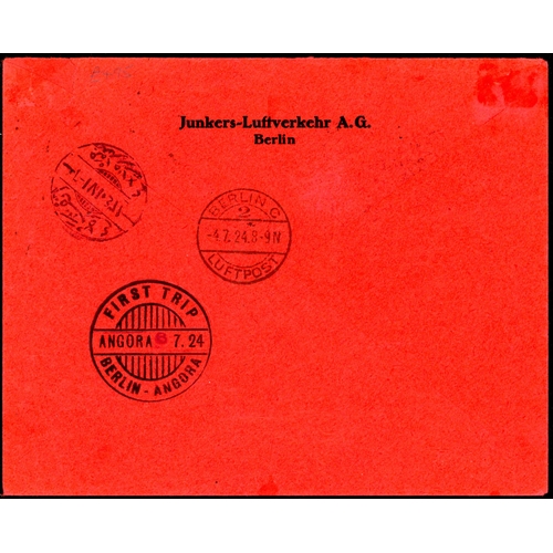 681 - 1924 FIRST FLIGHT TO ANGORA: An attractive red env. inscribed 