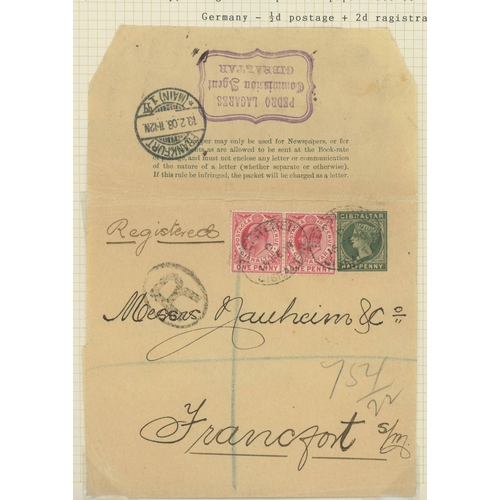 688 - LATE QV & KEVII GROUP; Range on mostly annotated leaves inc. 1890 20c reg. env. to Madrid franked 5c... 