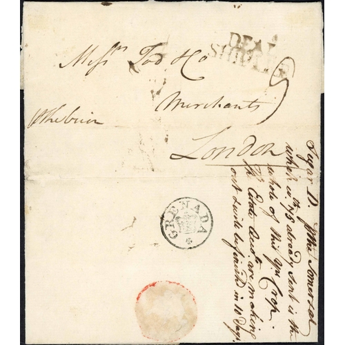 711 - GRENADA CROWN HANDSTAMP; 30 July 1786 EL (small faults) to London with uncommon & fine circular 