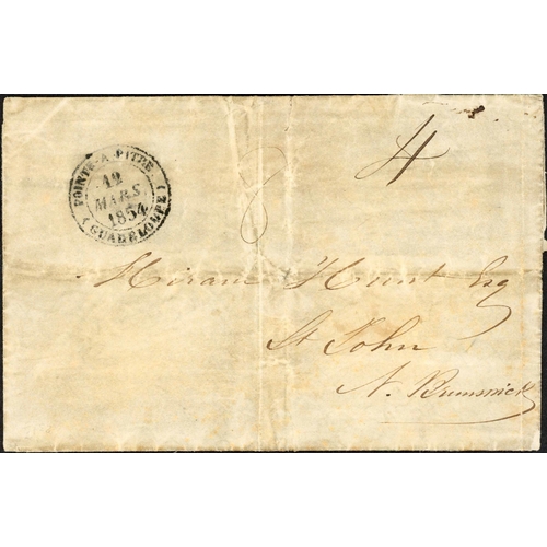 724 - 19th CENTURY MAIL TO FRANCE/NEW BRUNSWICK; Range on leaves inc.1845 EL to Havre with Pointe a Pitre,... 