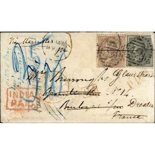 772 - QV FRANKED MAIL TO EUROPE; Range on leaves with 1862 envs. to France (redirected to Dresden) or Saxo... 