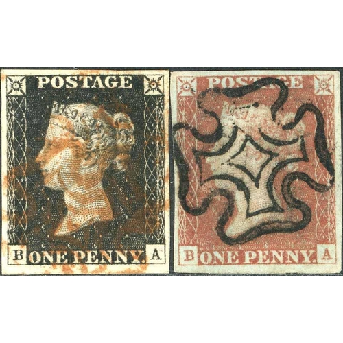 2033 - PLATE 1b - BA - MATCHED IN RED - each fine/very fine four margin examples. SG £750. (2)Cross Referen... 