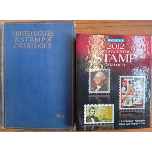 348 - STAMPS: A box containing various catalogues inc. 'Scott Specialised' 2007 (well used) & a 1938 ed., ... 