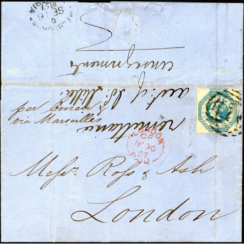 116 - WRECK OF THE EMEU; 16 Sep. 1857 EL 'per Emeu/via Marseilles' to London franked 1/- Octagonal (crease... 