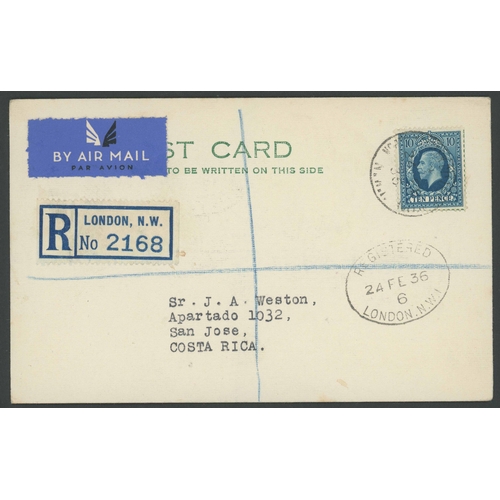 1274 - KGV 1936 10d TURQUOISE-BLUE FIRST DAY OF ISSUE: 24 Feb. 1936 Regd. Air Mail card London to Costa Ric... 