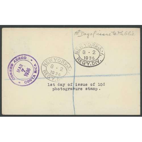 1274 - KGV 1936 10d TURQUOISE-BLUE FIRST DAY OF ISSUE: 24 Feb. 1936 Regd. Air Mail card London to Costa Ric... 