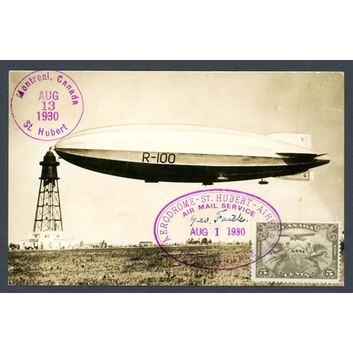 158 - THE R100 CANADA TO UK FLIGHT, ETC.: 1930 (Aug) envs. (3) & cards (2) inc. 13 Aug 1930 decorated air ... 