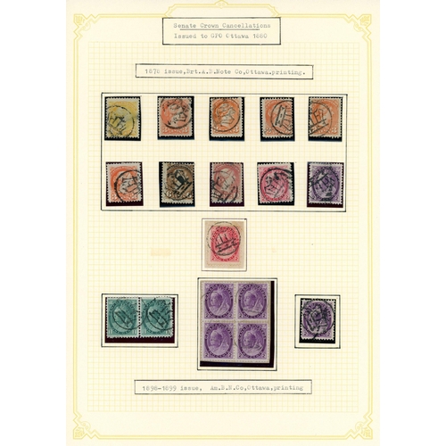 331 - HANDSTAMPS ON MOSTLY QV ISSUES: A collection on album leaves inc. official barred numerals; flags; b... 