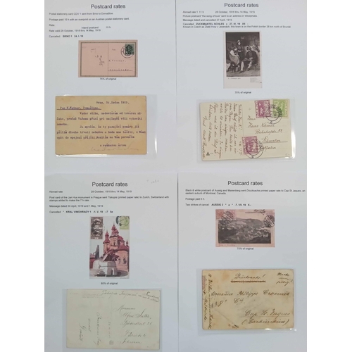 378 - POSTCARD POSTAGE RATES - 1870s-1939: Four box files containing a well written-up study demonstrating... 