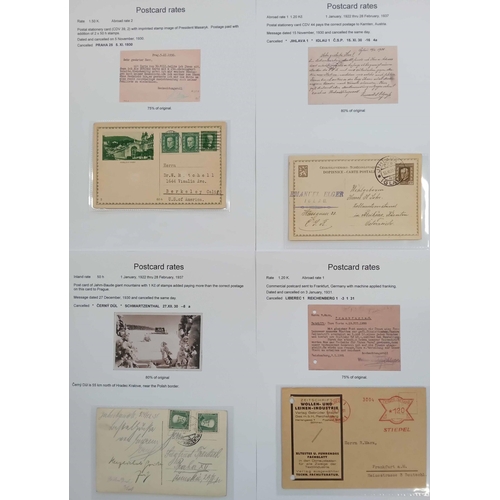 378 - POSTCARD POSTAGE RATES - 1870s-1939: Four box files containing a well written-up study demonstrating... 