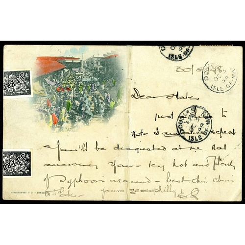 457 - CHINA/HONG KONG COMBINATION COVER TO ISLE OF MAN:  Colourful 30 Aug. 1898 card to Douglas, Isle of M... 