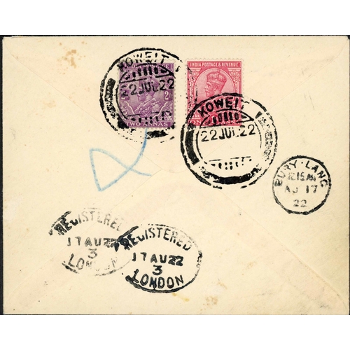 515 - VERY RARE INDIA USED IN KUWAIT REGISTERED MAIL; 22 July 1922 KGV India 1a embossed env. to England e... 