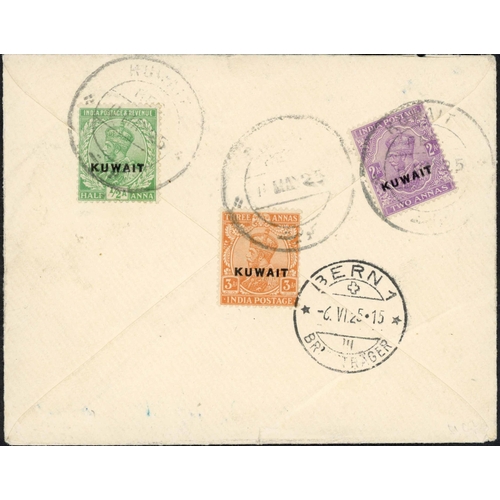 516 - INDIA STATIONERY USED IN KUWAIT; 11 May 1925 India KGV ½a embossed env. to Berne uprated 'KUWAIT' op... 