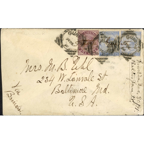 555 - INDIA USED ABROAD - GUADUR SQUARED CIRCLES; Pair with 30 Dec. 1891 env. to Baltimore franked India Q... 