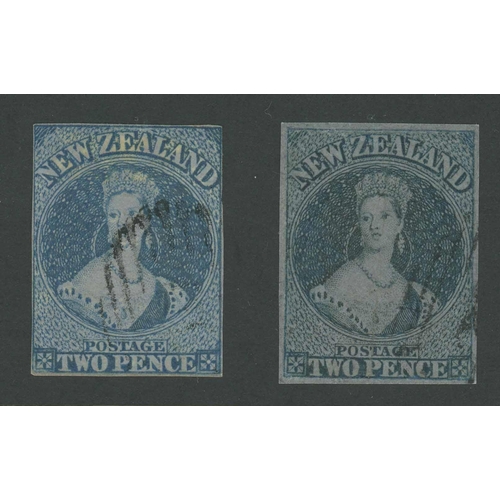 587 - 1855-58 2d BLUE ON UNWATERMARKED BLUED PAPER: A fine lightly-cancelled four-margined example. Also a... 