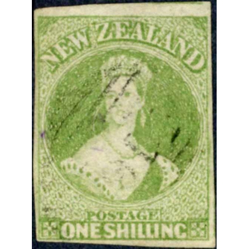 591 - 1855-58 1/- GREEN ON UNWATERMARKED BLUED PAPER; A lightly-cancelled four-margined example of this ve... 