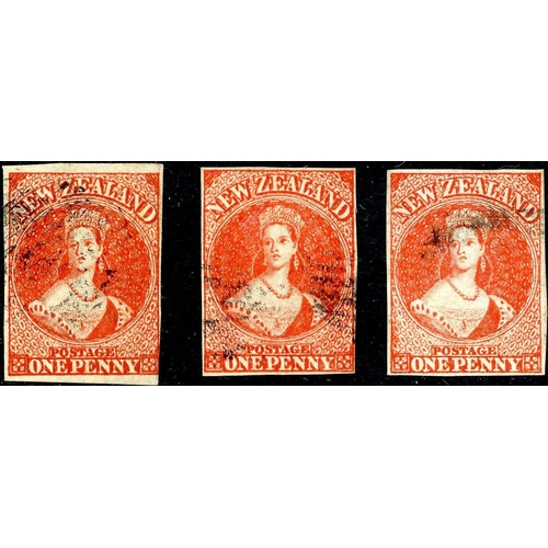 613 - 1862-64 1d CARMINE VERMILION ON LARGE STAR WATERMARKED PAPER: Three used close to wide four-margined... 