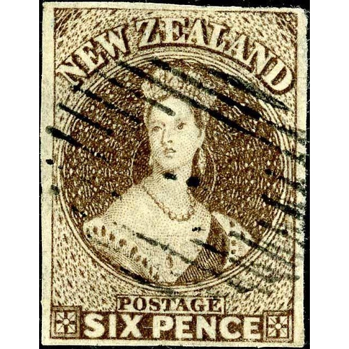 636 - 1862-63 6d BLACK-BROWN ON UNWATERMARKED PELURE PAPER; A fine four-margined example with central canc... 