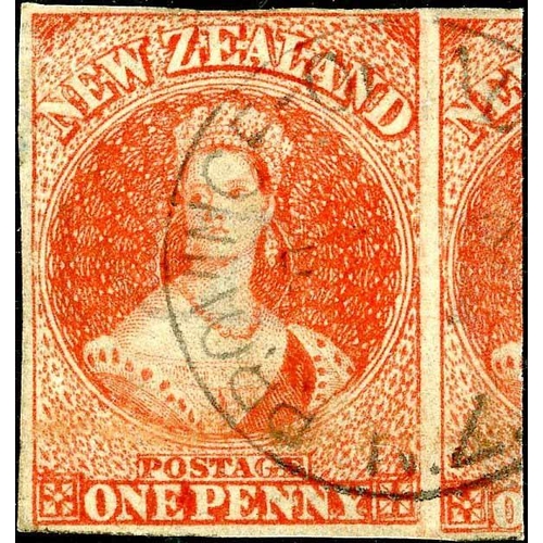 645 - 1864 1d CARMINE-VERMILION IMPERFORATE ON  N Z WATERMARKED PAPER: A close- to huge-margined example w... 