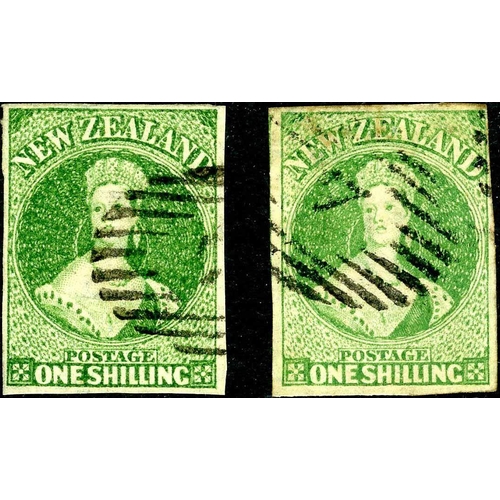 651 - 1864 1/- GREEN IMPERFORATE ON N Z WATERMARKED PAPER: Two used four-margined examples with part 