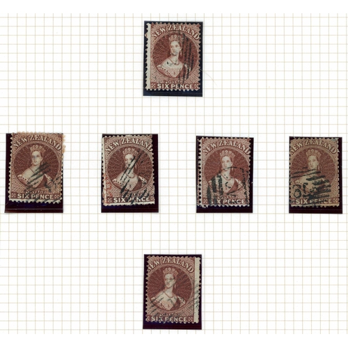 656 - 1864 2d BLUE AND 6d  RED BROWN ON N Z WATERMARK PAPER: 2d blue with plate wear, four used examples i... 