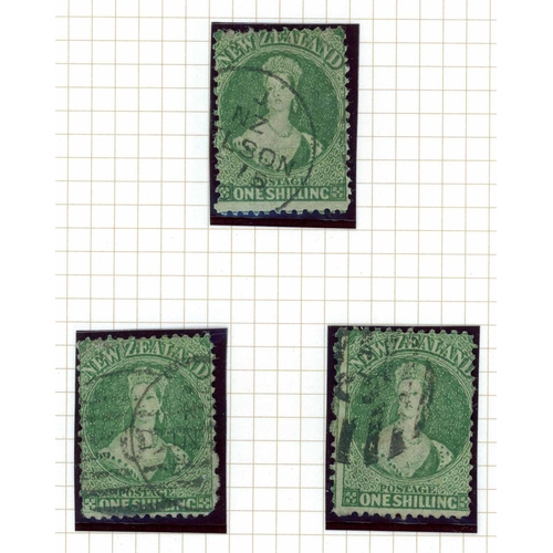 669 - 1864-71 1/- GREEN SHADES ON LARGE STAR WATERMARKED PAPER PERFORATED 12½: A group of used shades with... 