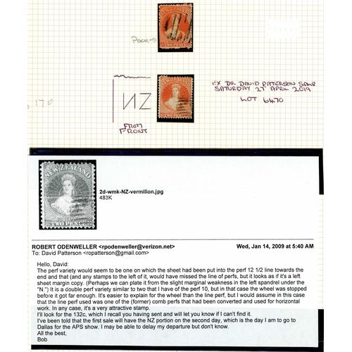 678 - 1872 2d VERMILION N Z WATERMARK PERFORATED 12½ WITH MISALIGNED HORIZONTAL PERFORATIONS: A neatly-can... 