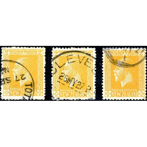 723 - 1927 KGV THICK COWAN CHALK SURFACED PAPER: 2d yellow, three fine used examples with reversed waterma... 