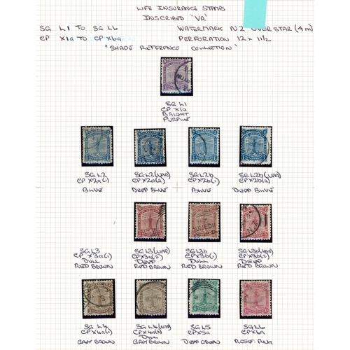 761 - 1891-98 LIFE INSURANCE STAMPS - A USED SELECTION: Perf. 12 x 11 ½ ½d (10), 1d (17, inc. a pair), 2d ... 