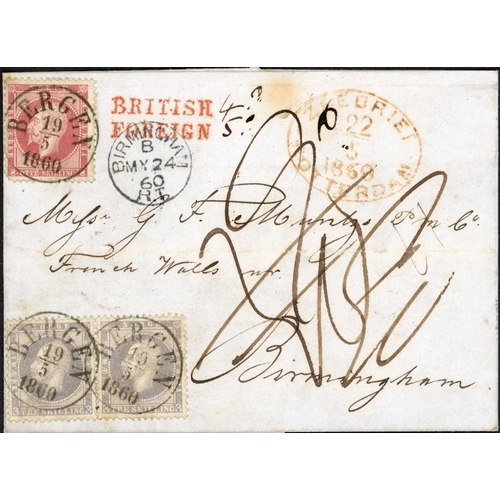 780 - PART PAID MAIL TO ENGLAND VIA THE NETHERLANDS; 19 May 1860 EL to Birmingham franked King Oscar 8sk (... 