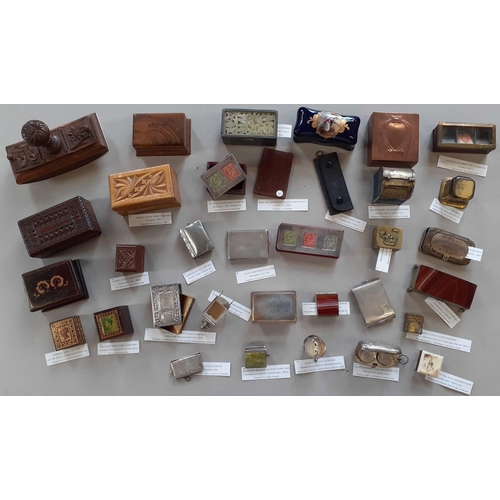 196 - POCKET, DESK AND MANTELPIECE BOXES IN SILVER, SILVER-PLATE, WOOD, BRASS, ETC.: Collection of stamp b... 