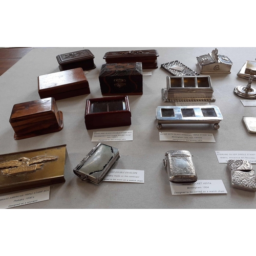 197 - SINGLE, DOUBLE, & MULTIPLE STAMP BOXES IN SILVER, SILVER-PLATE, WOOD ETC.: Collection of stamp boxes... 