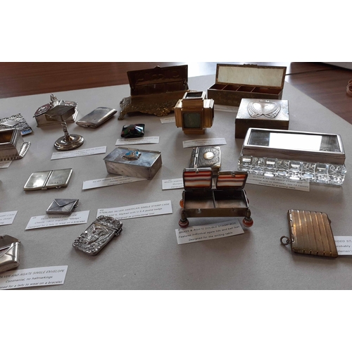 197 - SINGLE, DOUBLE, & MULTIPLE STAMP BOXES IN SILVER, SILVER-PLATE, WOOD ETC.: Collection of stamp boxes... 