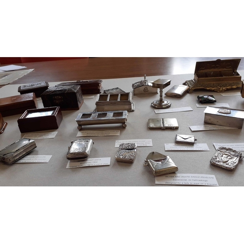 197 - SINGLE, DOUBLE, & MULTIPLE STAMP BOXES IN SILVER, SILVER-PLATE, WOOD ETC.: Collection of stamp boxes... 