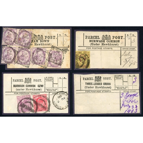 1485 - SUSSEX VILLAGES UNDER KENT POST OFFICE OF HAWKHURST: 1888-1988 range mounted on pages (2 labels with... 