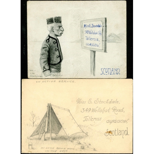 1489 - WORLD WAR I - RARE PAIR OF SOLDIER'S ILLUSTRATED ENVS. TO SCOTLAND - both very well rendered and to ... 