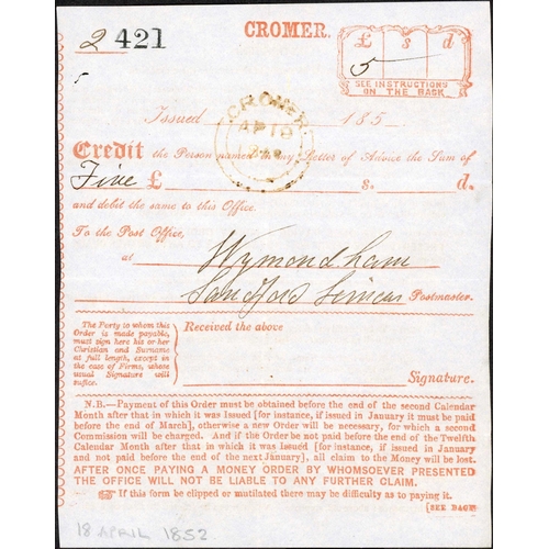 1494 - RARE EARLY MONEY ORDER; 18 Apr. 1852? printed 'CROMER' Money order (light file folds) for £5 with Cr... 