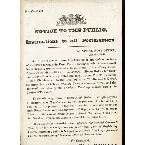 1501 - EARLY MONEY ORDER PUBLIC NOTICE; printed 'No.15 - 1842' 'NOTICE TO THE PUBLIC/AND/Instructions to al... 