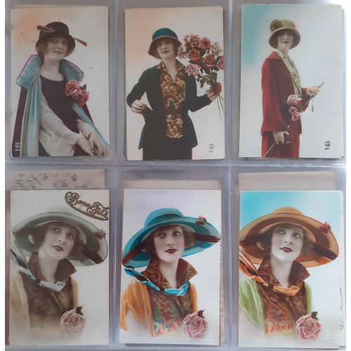 152 - FASHION HATS 1910s-1920s, PUBLISHERS 'O-V': A large collection of photographic cards, many hand-colo... 