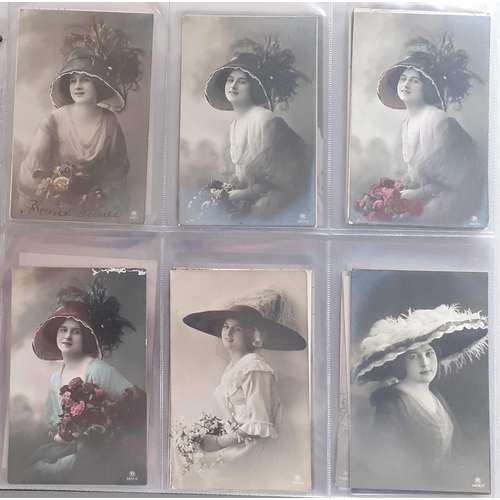 152 - FASHION HATS 1910s-1920s, PUBLISHERS 'O-V': A large collection of photographic cards, many hand-colo... 