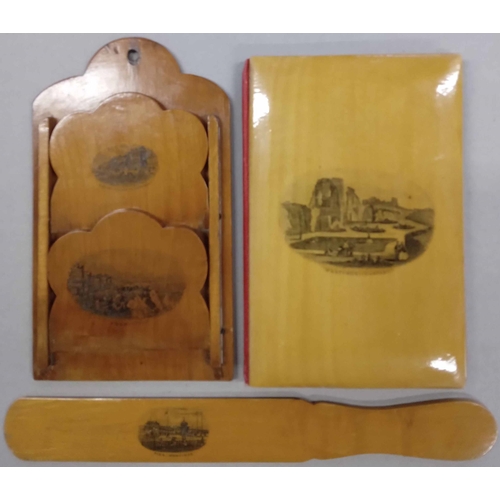 159 - MAUCHLINE WARE - LETTER WRITING/MAIL RELATED: A large box containing varnished wooden items with tra... 