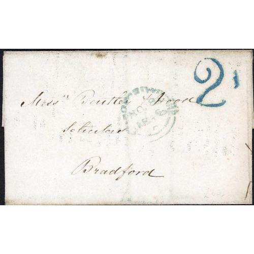 1757 - 2d UNPAID HANDSTAMPS; Range on annotated leaves inc. 1841 unpaid EL to Penistone with Huddersfield c... 