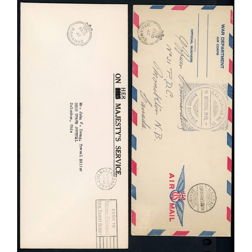 186 - LATE USE OF HANDSTAMPS: 29 May 1944 War department env. from Nassau to Canada with large 