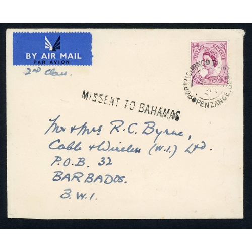 186 - LATE USE OF HANDSTAMPS: 29 May 1944 War department env. from Nassau to Canada with large 