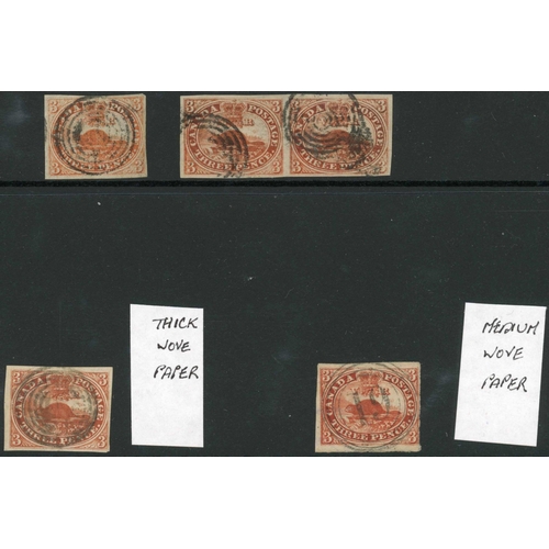 208 - 1852-57 3d USED GROUP: 1852 3d red on thin wove paper, a used four margined pair (light crease - V G... 