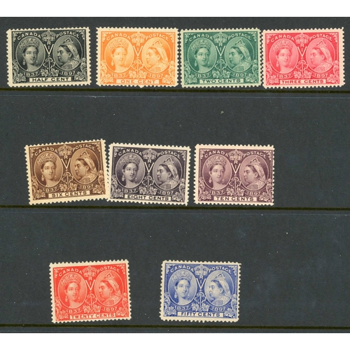 222 - 1897 JUBILEE ISSUE: ½c black, 3c carmine and 8c slate-violet, imperforate plate proofs on thin card.... 