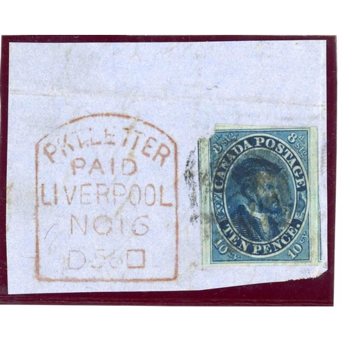 234 - CARTIER STAMPS ON TRANSATLANTIC MAIL: Imperf. 10d deep blue (SG15, 4-margins, damage to top left cor... 