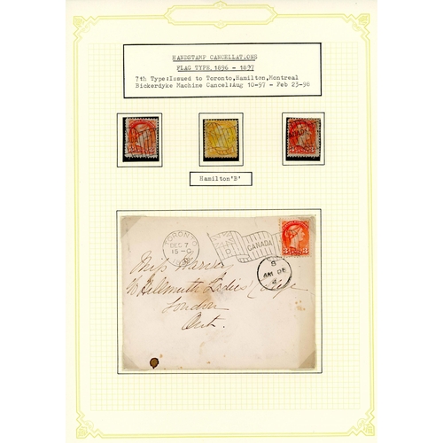 243 - HANDSTAMPS ON MOSTLY QV ISSUES: A collection on album leaves inc. official barred numerals; flags; b... 